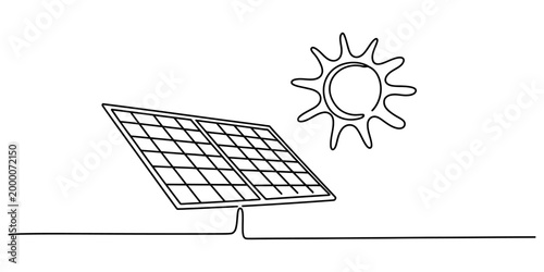 Continuous single line drawing of a solar panel and a bright sun for clean energy and sustainable power concept art illustration Vector, illustration