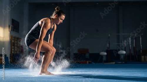 Female gymnast landing after a jump with chalk dust dramatic lightin