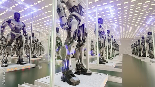 Humanoid robots in a factory industry technology tech bg 4k
