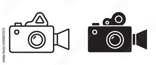 Film camera icons black and white outline and filled versions