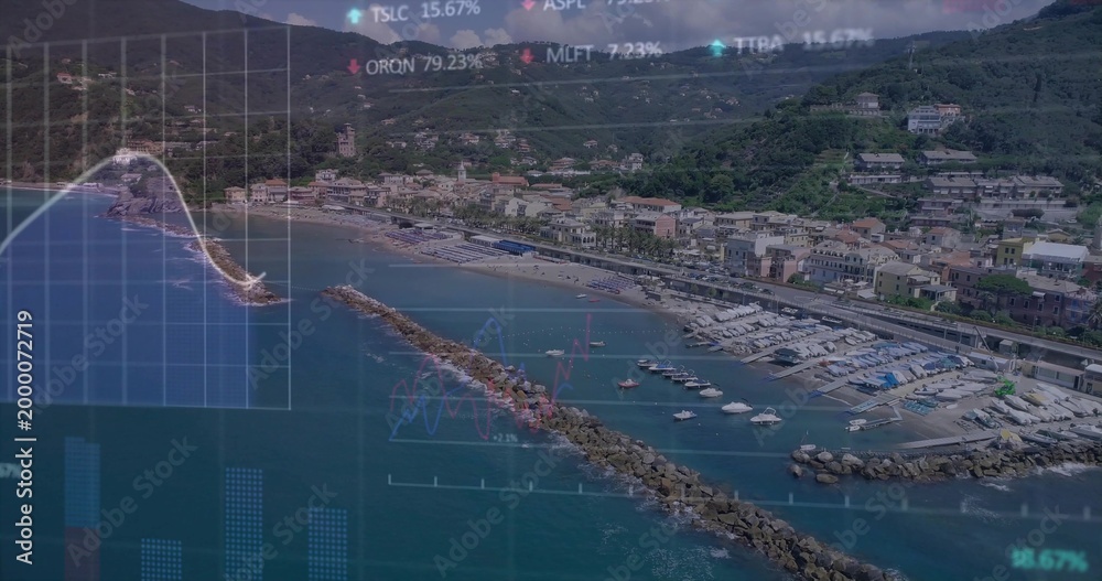 Fototapeta premium Showing aerial coastal marina with rocky jetty jutting into sea, with boats, docks, finance charts