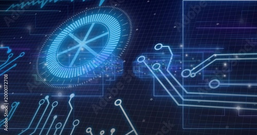 Rotating large glowing HUD pulsing over digital interface, with neon circuit traces and panels
