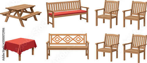 Wooden Outdoor Furniture Set with Picnic Table, Bench, Chairs, and Tablecloth for Garden, Patio, and Outdoor Living Design Projects