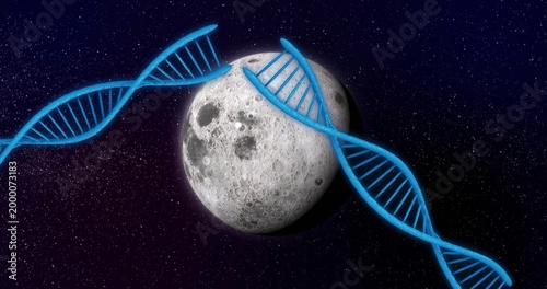 Floating cratered Moon centered in dense star field, curving neon blue DNA helices and violet glow