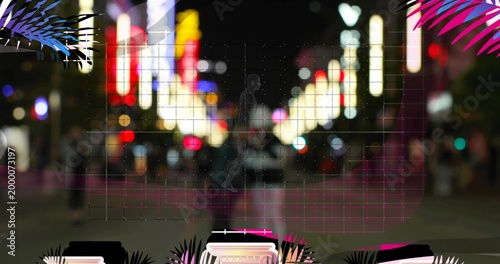 Walking wireframe silhouette moving through nighttime urban street, neon bokeh, grid, leaf graphics