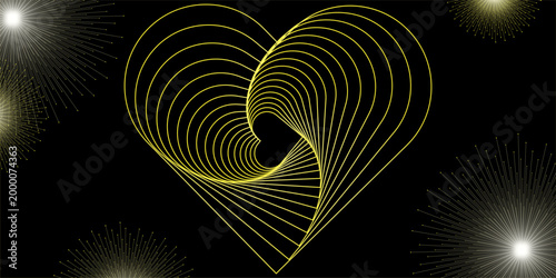Luxurious abstract background featuring a golden geometric heart composed of elegant linear art. 