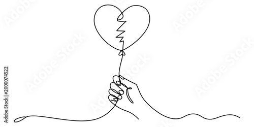 Single continuous line drawing of a hand holding a broken heart balloon representing sadness divorce and painful relationship breakup Vector, illustration