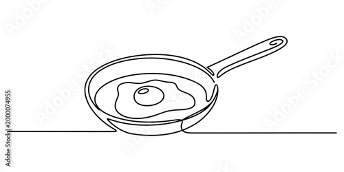 Continuous one line drawing of a frying pan with a fried egg for breakfast cooking kitchen concept design in simple black style Vector, illustration
