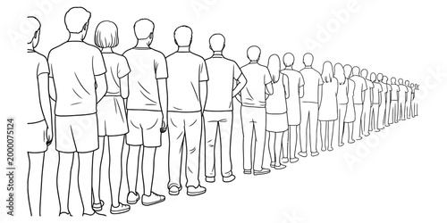 A long line of people standing in a queue waiting patiently for their turn in a simple black and white hand drawn sketch illustration Vector, illustration