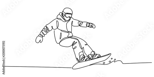 Continuous single line drawing of a snowboarder riding on snow in winter clothes with a helmet and goggles for extreme sports activity Vector, illustration