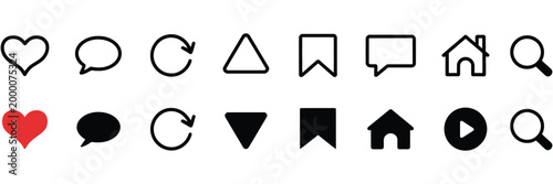 Instagram notification icon set, social network UI symbols including home, like, comment, search, repost, reply, share and save in clean vector style.