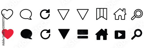 Instagram notification icon set, social network UI symbols including home, like, comment, search, repost, reply, share and save in clean vector style.