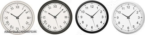 Set of realistic wall clocks with different styles including classic Roman numerals and modern numeric designs. High-quality detailed illustration suitable for interior, time concepts, and design