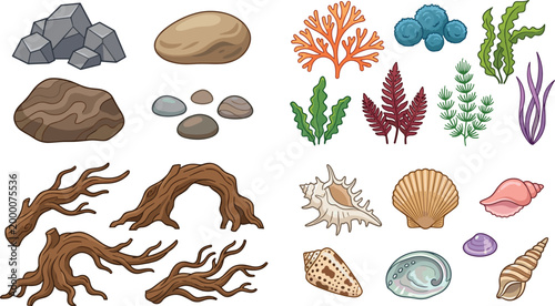 Coastal Nature Elements Vector Set with Driftwood, Rocks, Seaweed, Coral and Shell Illustrations for Marine Design, Beach Themes and Nautical Graphics