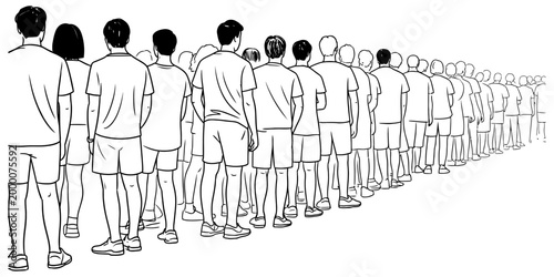 A long queue of people standing in a line seen from behind in a simple black and white line art drawing style Vector, illustration
