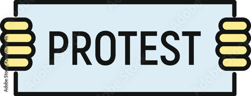 Stylized hands holding a light blue rectangular banner displaying the word protest
