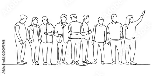 Group of diverse people standing together as a team drawn in a continuous single line art style for modern business illustration Vector, illustration