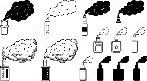 Vape Smoke Cloud Set with Electronic Cigarette Devices and Vapor Effects Black and White Outline Silhouette Collection Vector Illustration Isolated on White Background
