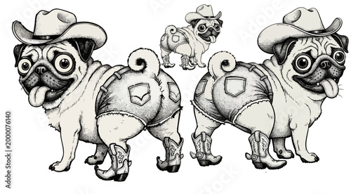 Funny cowboy pug dog vector illustration, cute pug wearing denim shorts and western boots, hand drawn sketch of pug in country western outfit