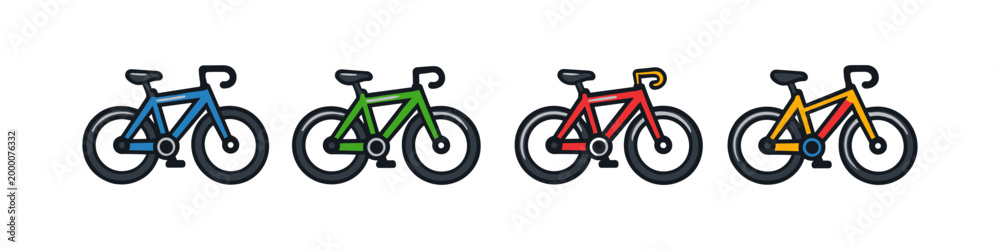 Fototapeta premium Four colorful bicycles lined up side by side on a white background