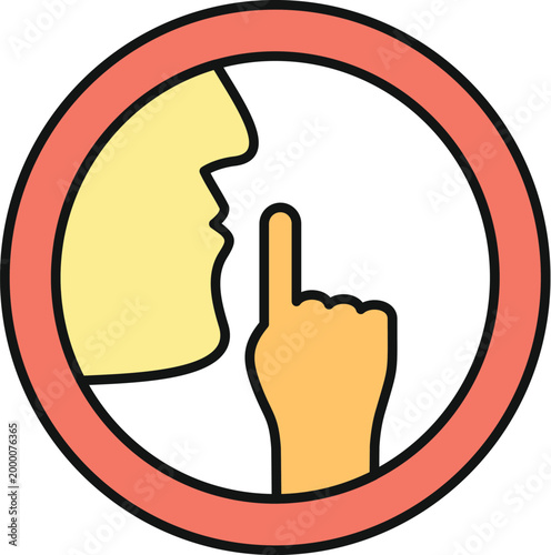 Person making a shush gesture with finger on lips inside a warning circle