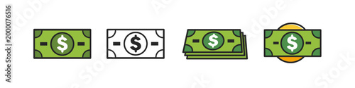 Collection of dollar bill icons representing financial concepts and transactions