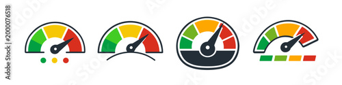Set of colorful speedometers indicating performance levels from low to high