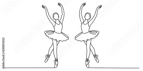 Two elegant ballerinas dancing in a graceful ballet pose drawn in a simple continuous black line art style illustration for artistic design projects
