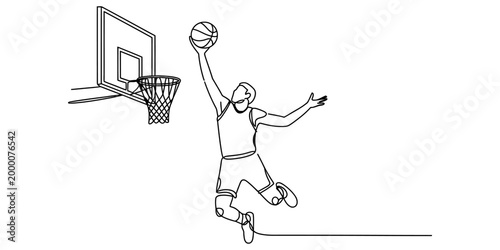 Continuous one line drawing of a basketball player jumping to dunk the ball into the hoop during a competitive sports game match in the arena