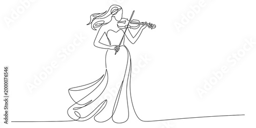 Elegant woman playing violin in a continuous single line drawing style featuring a graceful lady performing beautiful classical music in a concert