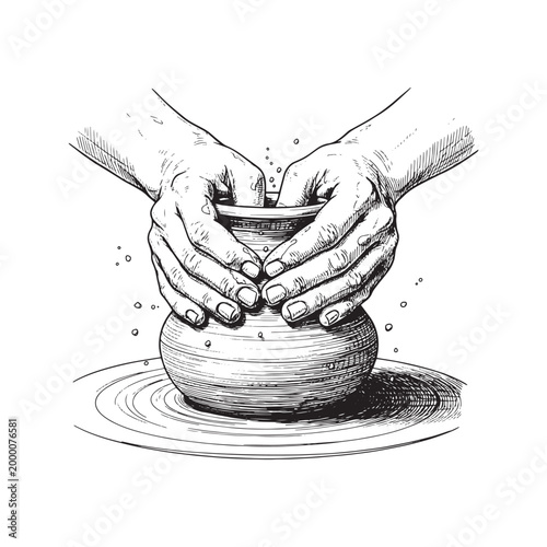 Hand Drawn Sketch of Artisan Hands Shaping a Clay Pot on Pottery Wheel
