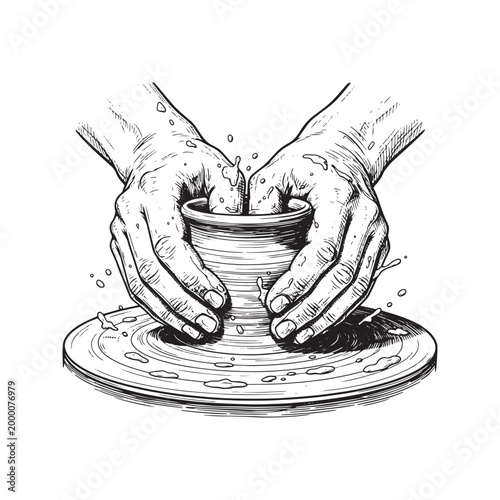 Hand Drawn Sketch of Artisan Hands Shaping a Clay Pot on Pottery Wheel
