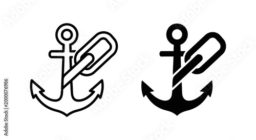 Anchor with chain link icon set, nautical symbol in outline and solid silhouette styles