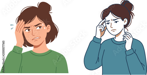 Cartoon illustration of a woman experiencing headache and stress, shown in two different styles, representing discomfort and mental strain in a flat vector design.