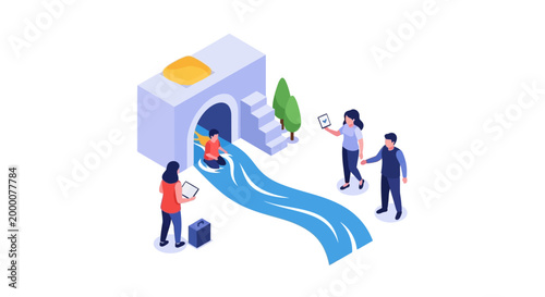 Isometric illustration of people enjoying a water slide experience in a park setting.