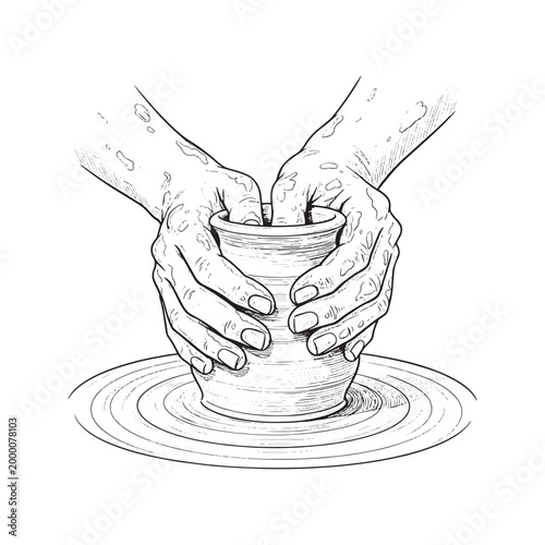 Hand Drawn Sketch of Artisan Hands Shaping a Clay Pot on Pottery Wheel
