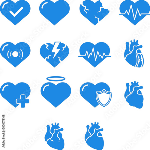 Set of heart icons for healthcare, medical, wellness and UI design, modern flat health symbol collection, clean vector icon pack