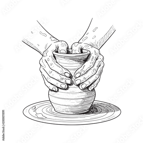 Hand Drawn Sketch of Artisan Hands Shaping a Clay Pot on Pottery Wheel
