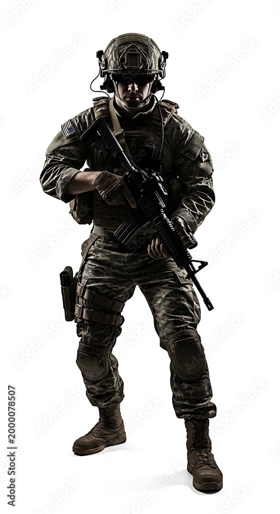 Obraz premium Tactical soldier stands alert with weapon raised