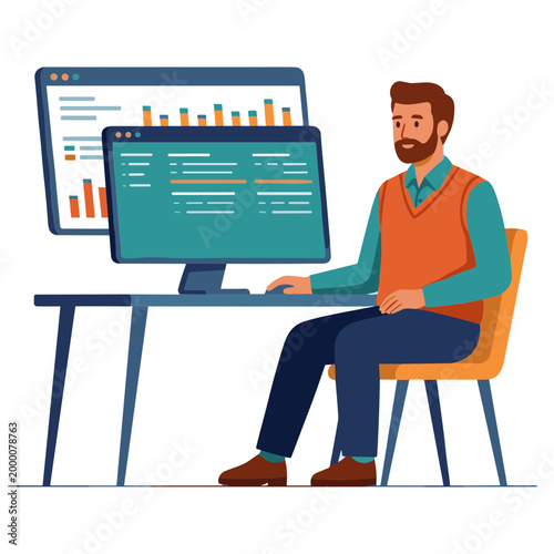 Man sitting at desk working on computer with dual monitors displaying charts