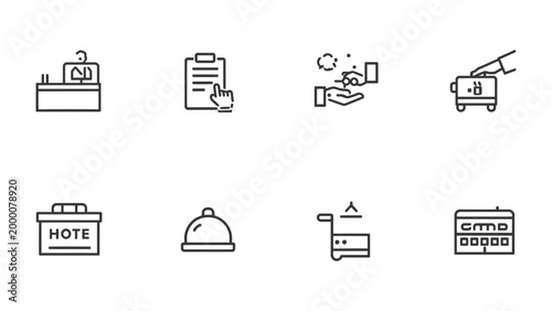 Hotel Service Icons: A set of minimalistic line icons representing various hotel services, from reception and room service to luggage handling and cleanliness, suitable for web and print.