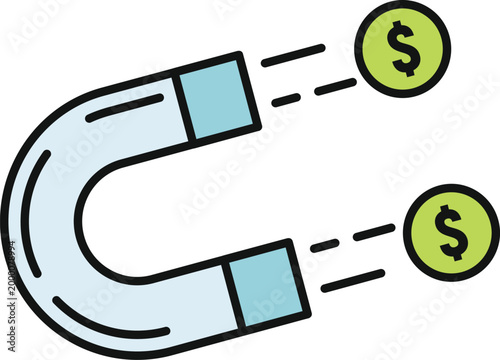 Magnet attracting dollar coins illustrating financial success concept