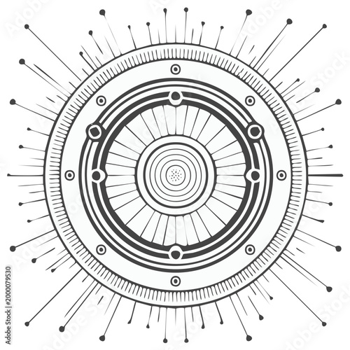 Intricate circular geometric design with radiating lines and concentric circles