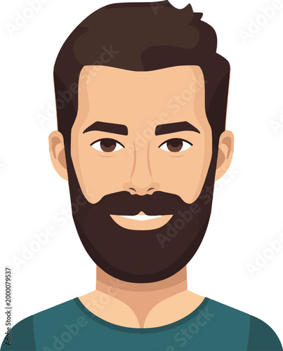 Clean flat vector illustration of handsome man with brown hair and well groomed dark beard.