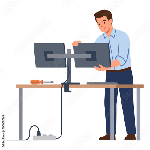 Man standing at desk assembling dual computer monitors