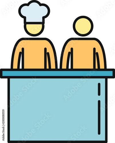 Two outlines of people, one wearing a chef hat, standing behind a counter offering service