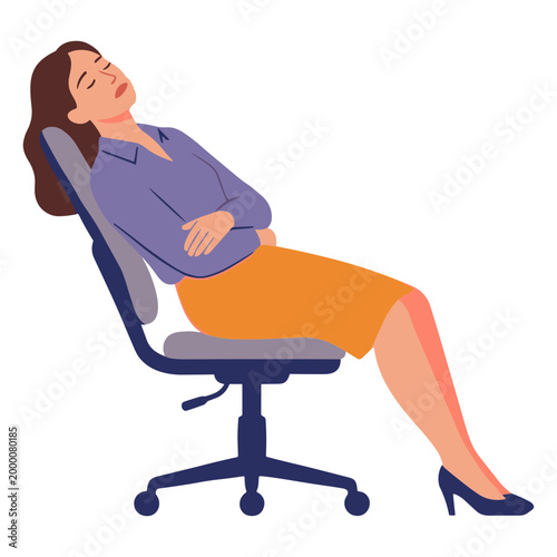 Woman reclines on office chair with eyes closed in relaxation indoors