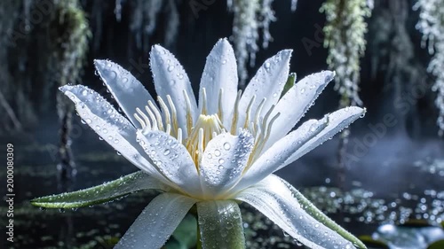Time-Lapse of a White Water Lily Blooming in Pond.