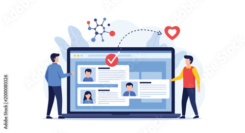 Two people interacting with a digital interface displaying profiles and data analysis