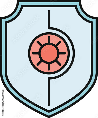 Light blue shield icon with a red sun symbol representing safety and security